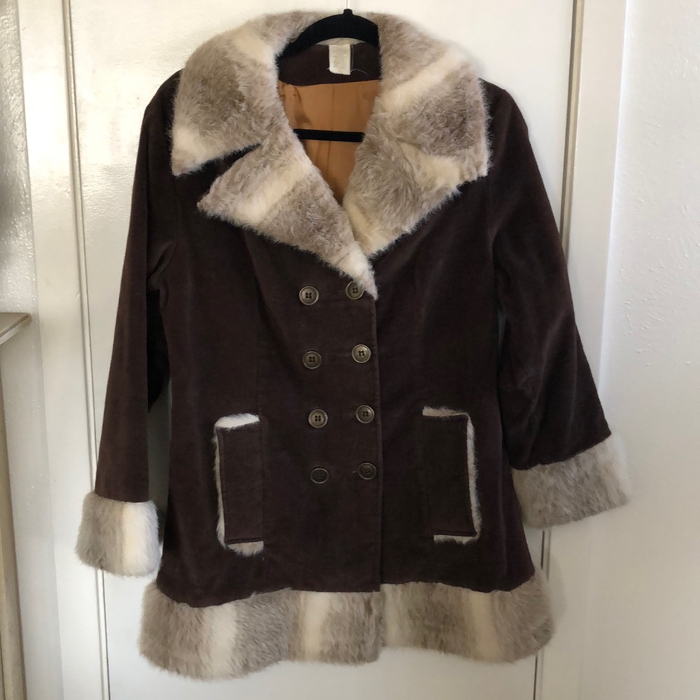 Vintage corduroy long jacket faux fur trim Boho